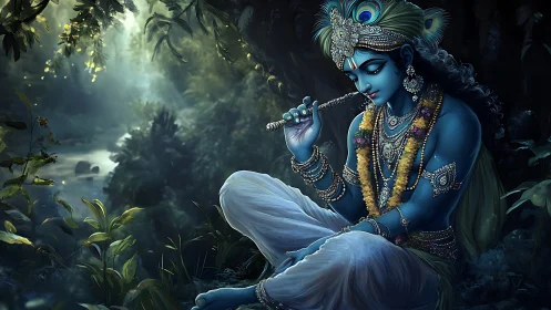 Blue divine musician rests in moonlit forest clearing.
