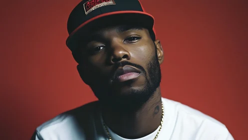 Low-key studio portrait of bearded man in cap, red backdrop