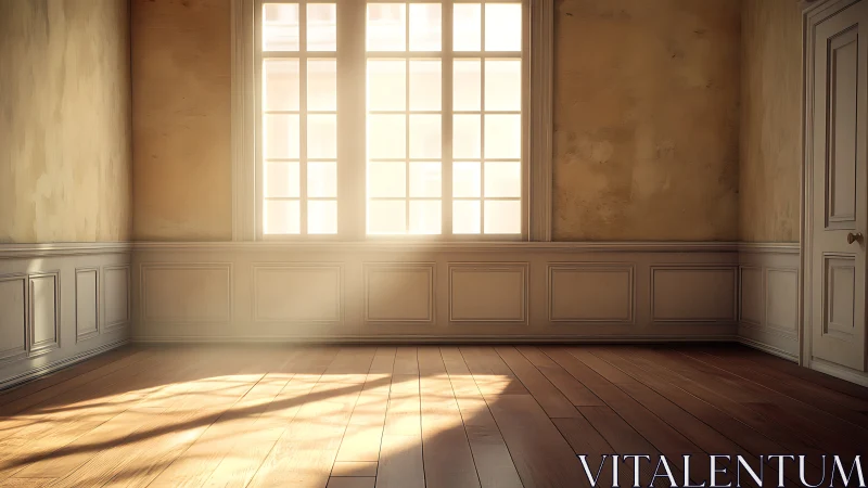 Sunlit empty room whispering through warm wooden floors.
