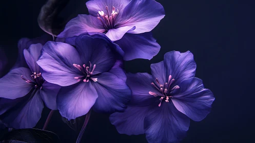 Purple Petaled Flowers Against Dark Background.