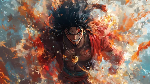 Fiery anime warrior charges through swirling embers and smoke.