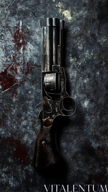 Weathered revolver sculpture against grunge steel wall.