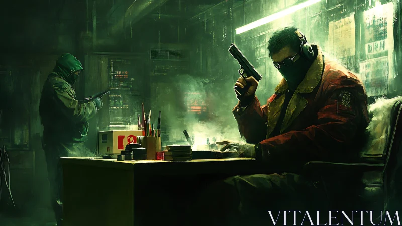 Mercenary gunsmiths prepare weapons in neon green haze.