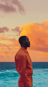 Man in orange outfit standing by ocean at sunset profile.