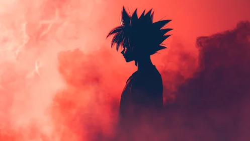 Silhouetted spiky haired anime figure stands in dense red fog