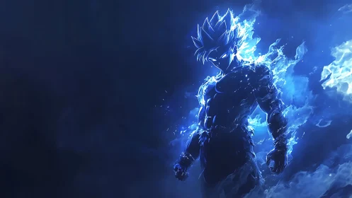 Silhouetted energy figure stands in blue luminous flames