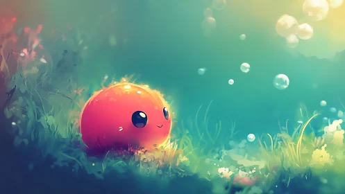Red blob character in soft grassy field with bubbles.