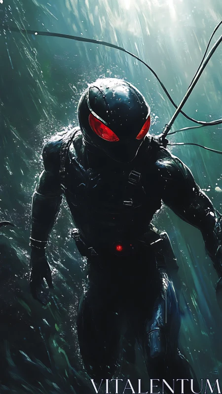 Hydrodynamic exosuit diver with red optical sensors ascends through turbulence