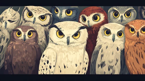 Group of Colorful Cartoon Owls in Modern Digital Illustration.