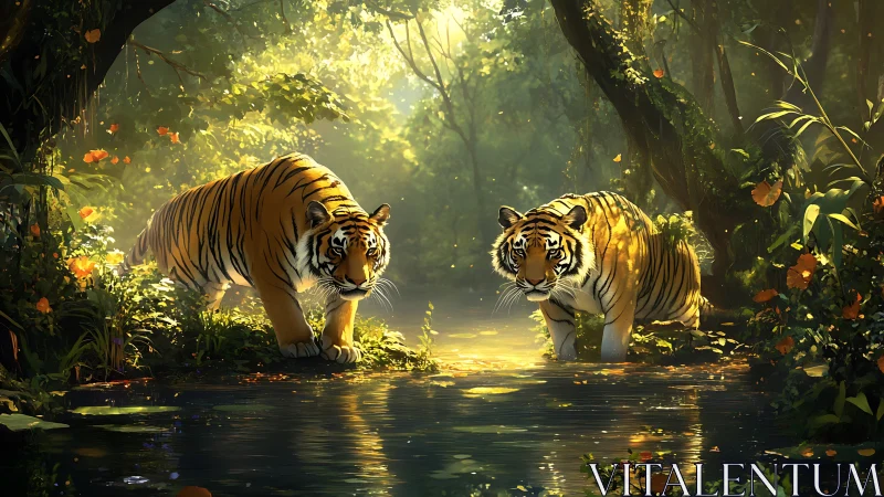 Bengal Tigers in Golden Jungle Stream. Digital Rendering.