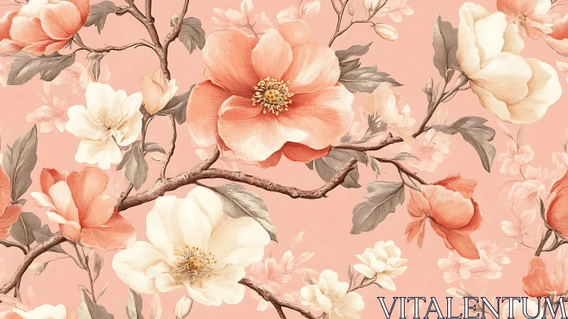 Floral branches with large blossoms on pink background.