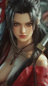 Samurai heroine portrait in red kimono, cinematic lighting.