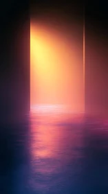 Luminous portal spills molten dawn across mirrored water.