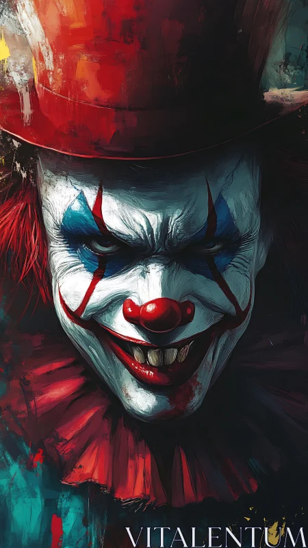 Sinister painted clown portrait under scarlet top hat.