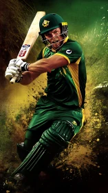 Dynamic digital artwork of cricket batsman in green gear.