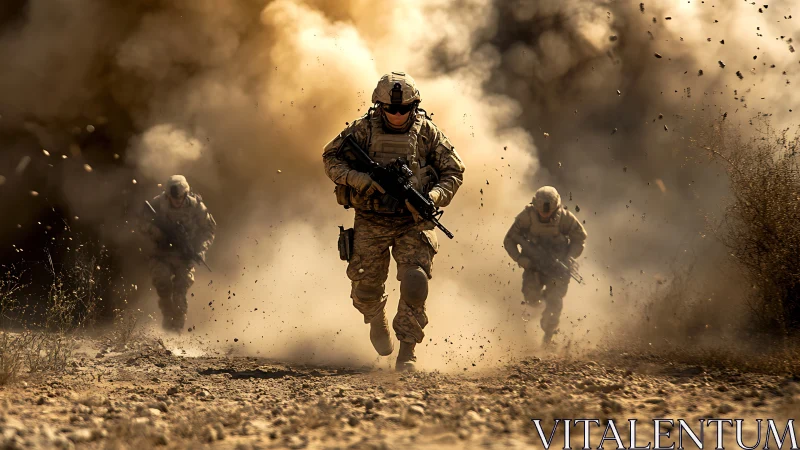 Photorealistic combat soldiers advancing through desert blast.