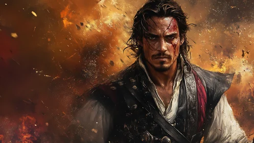 Battle-scarred swashbuckler amid incendiary particle plume.