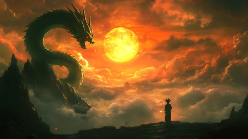 Giant serpentine dragon confronts lone figure at fiery sunset
