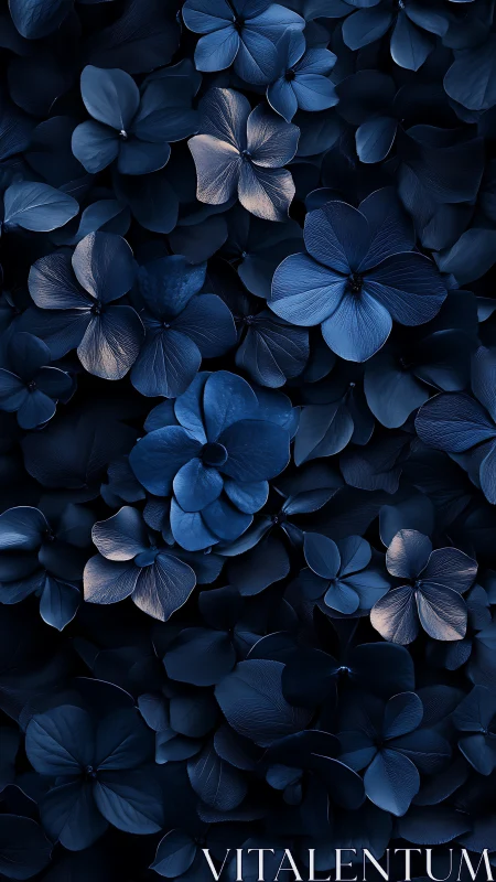 Blue Hydrangea Petals Clustered in Deep Shadow Light