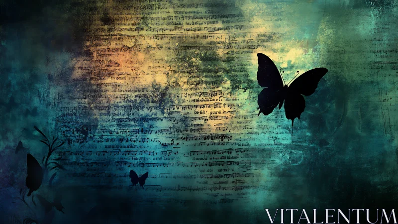 Silhouetted butterflies overlay textured sheet music background