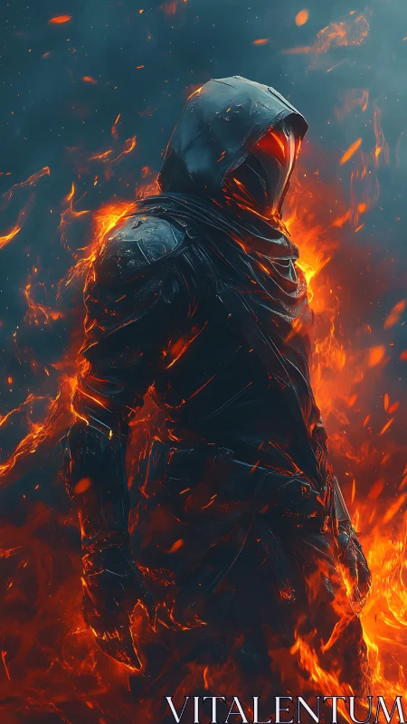 Hooded armored figure stands in engulfing orange flames