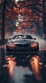 Sport coupe surges through stormy autumn avenue at speed