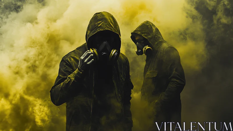 Hooded figures with respirators stand in dense toxic yellow fog