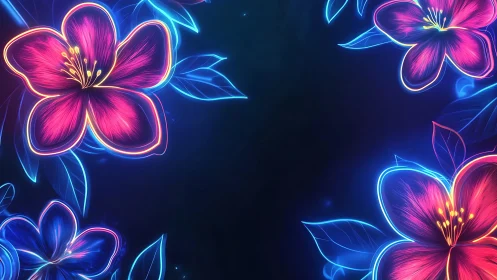 Neon tropical flowers glow around deep cosmic void
