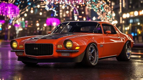 Restored orange muscle car under bokeh city lights at night