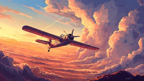 Sunset stormrider plane carving molten clouds in silence.