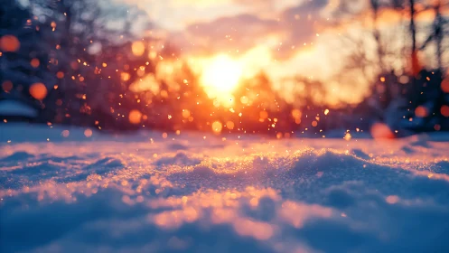 Golden winter sunset sprinkles glowing light over fresh snow