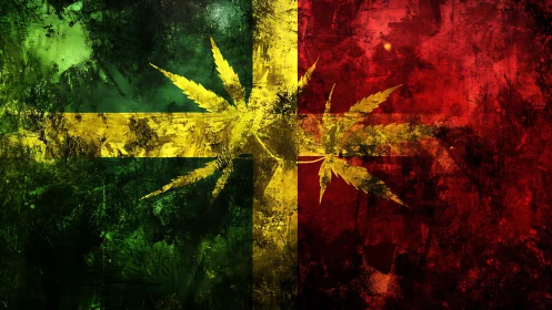 Grunge cannabis leaf crosses textured red green flag field