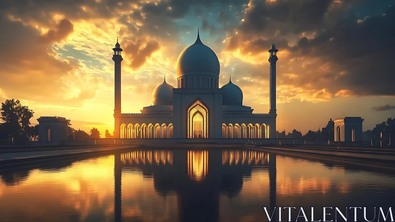 Sunlit domed mosque reflects symmetrically in calm water