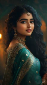 Portrait of woman in teal sari rendered as luminous digital art