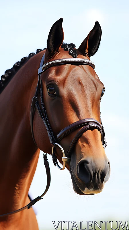 Bay dressage horse portrait with braided mane and snaffle bridle