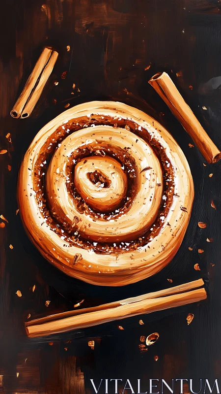 Spiraled cinnamon pastry twirls across dark, velvety canvas.