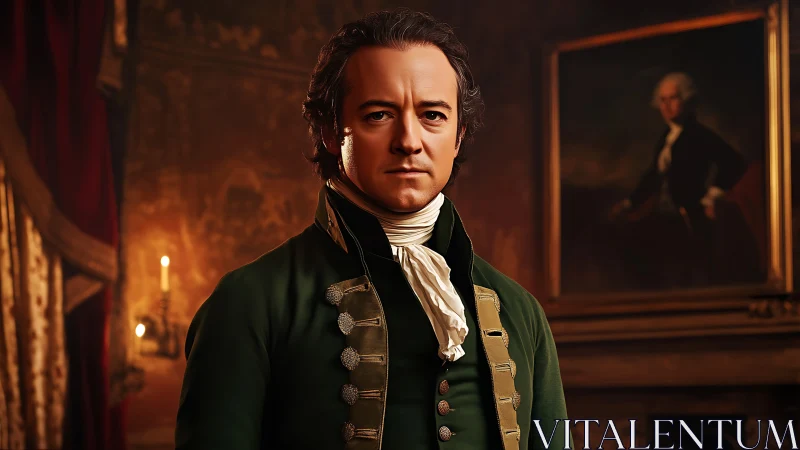 Photorealistic colonial portrait in candlelit interior setting.