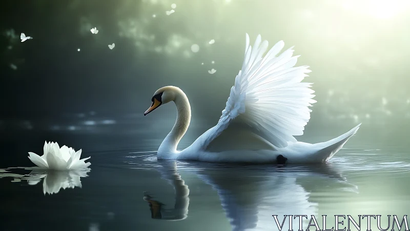 Elegant swan gliding on misty lake with radiant backlight.