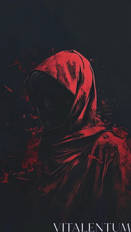 Crimson hooded phantom wrapped in shadow and splintered dusk.