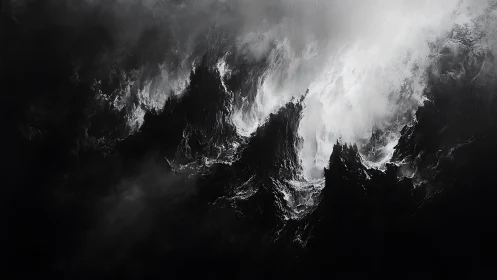 Storm-lit shadow peaks rising from a swirling dark abyss.