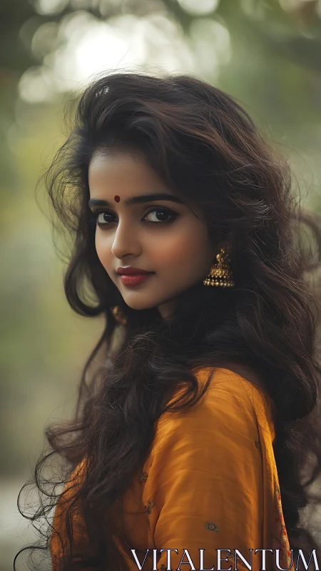 Graceful woman in mustard sari shares a soft, knowing smile