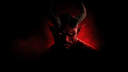 Demonic horned creature portrait in red backlit volumetric haze