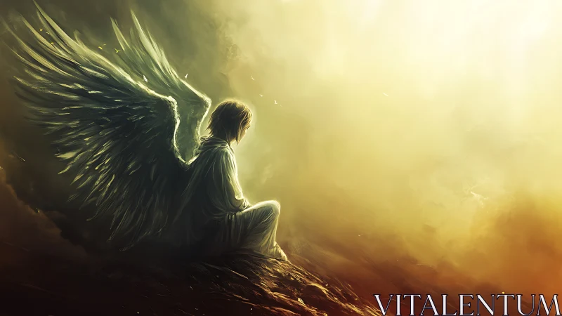Winged figure sits on rocky ground against intense glowing light
