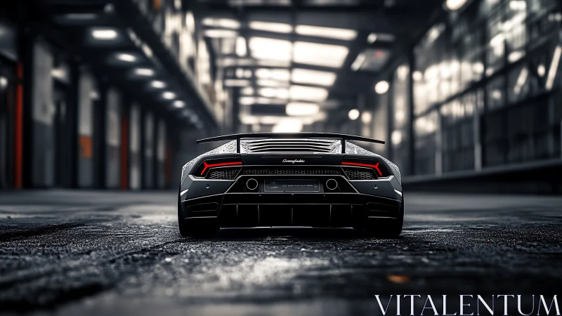 Low rear view of black supercar in empty industrial garage.