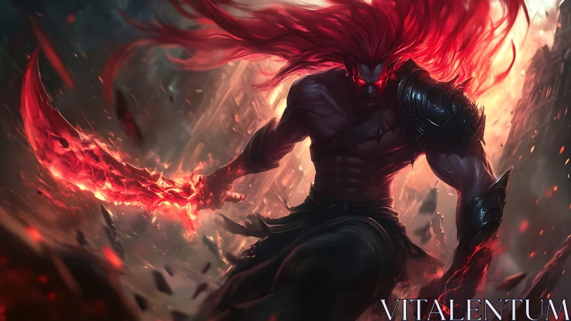 Crimson demon warrior charging through burning ruins.