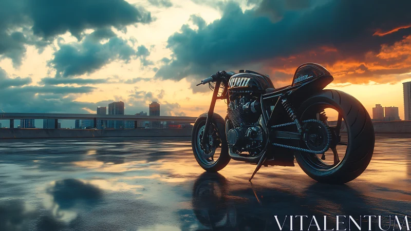 Custom café racer resting on a rainwashed rooftop at dusk.