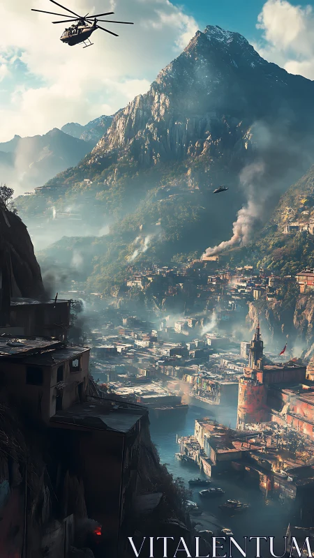 Helicopters haunt a smog-soaked canyon city under iron peaks.