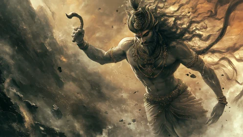 Mythic warrior god storms through swirling celestial chaos.