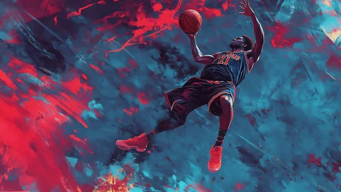 Soaring basketball artistry in bold neon red and blue skies.
