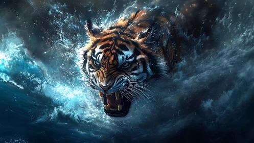 Dynamic aquatic tiger rendered with high-contrast lighting effects